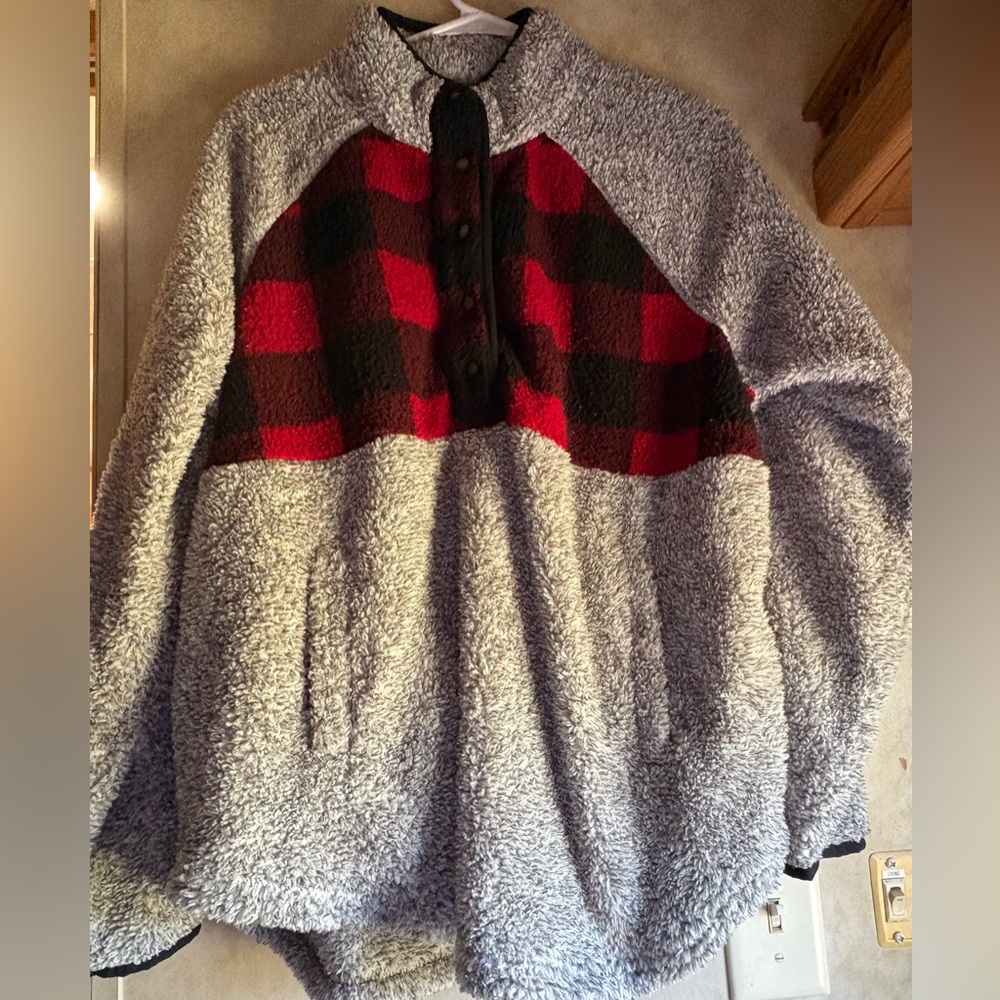 Sherpa Pullover with Red & Black Buffalo Check Yoke